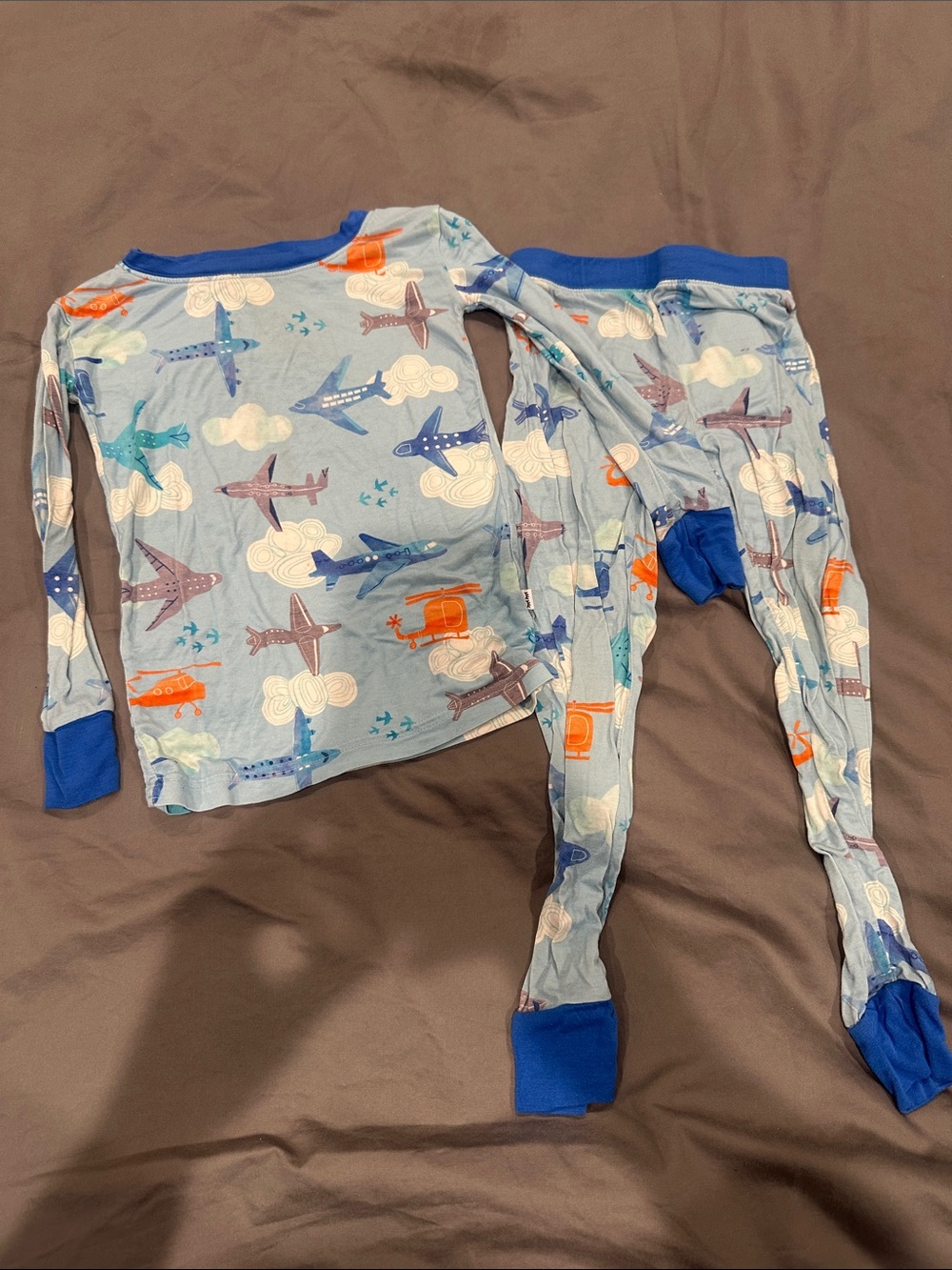 Little Sleepies Sky Blue Airplane & Helicopter Pajama Set with Royal Blue Trim